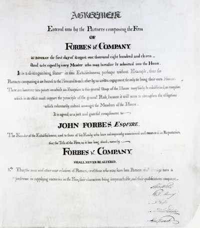 Partners agreement for Forbes and Company, Bombay, 1811 by Scottish School